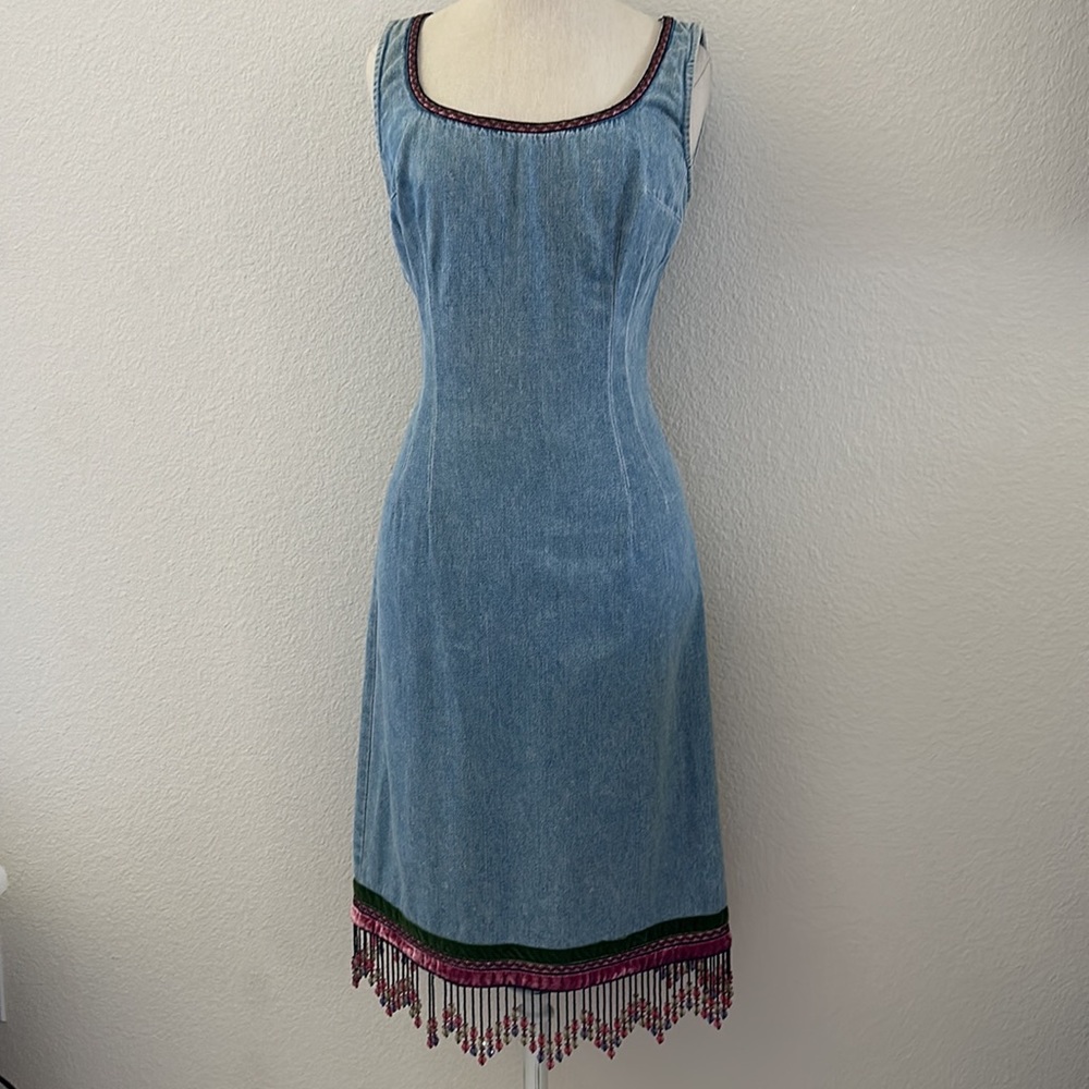 A.B.S Allen Schwartz Vintage Denim Velvet Beaded Trim Dress